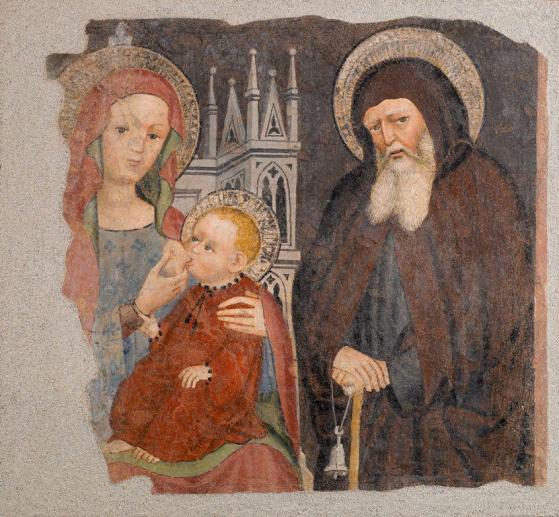 Affresco della Madonna in trono che allatta il Bambino con sant'Antonio Abate
