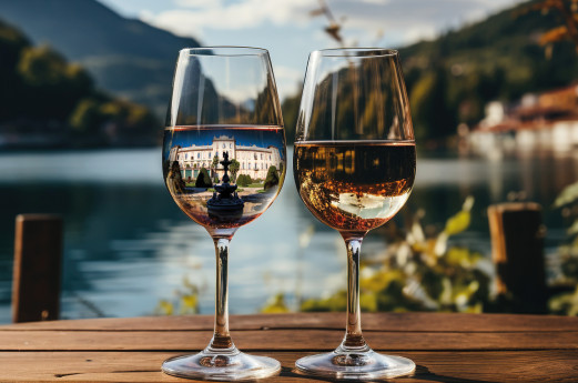 Due bicchieri di vino su sfondo del lago Maggiore. In un bicchiere è riflessa Villa Recalcati.