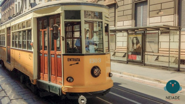 On the vintage tram in Milan, in the 1920’s atmosphere